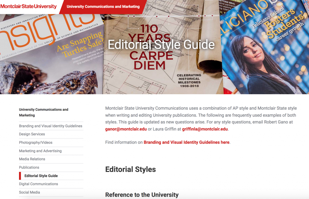 Montclair State University editorial style guidelines example